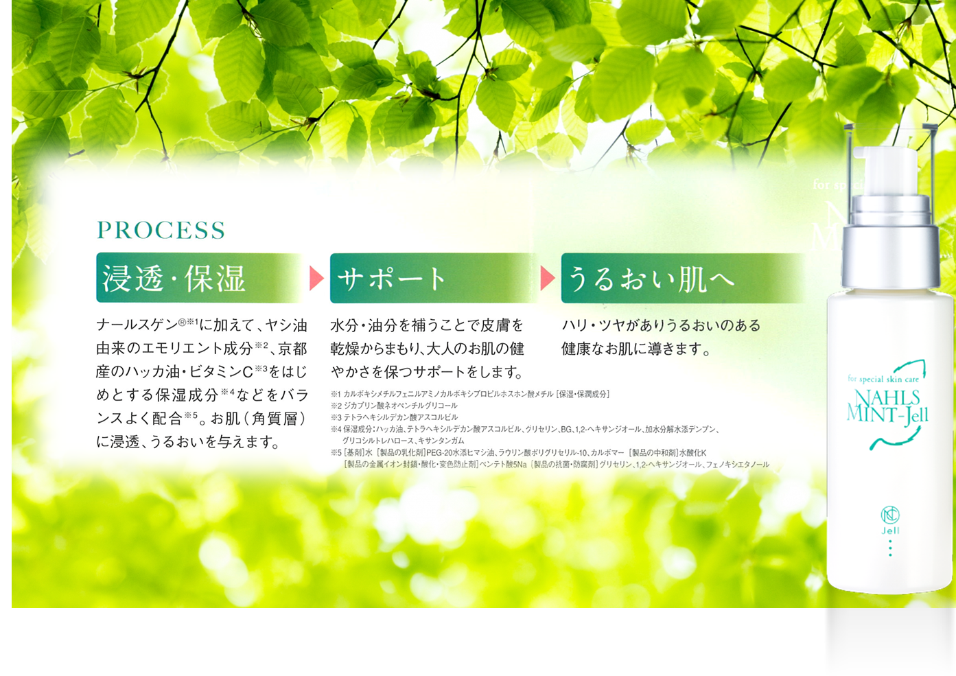 ナールスゲンを含むジェル。アンチエイジング、美肌効果抜群、シンプルなお手入れで年齢に負けない美肌を目指しましょう。